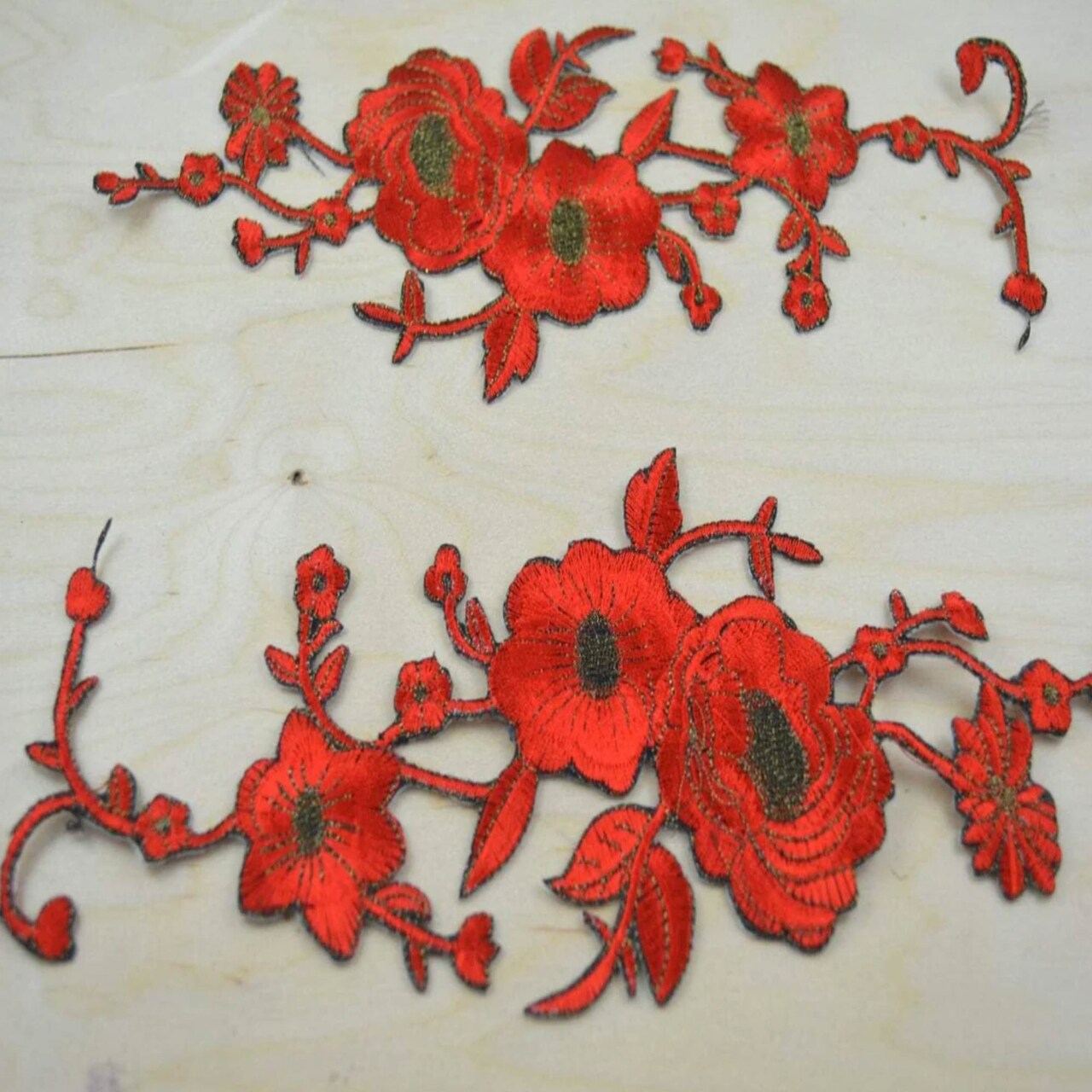 1 Pair Dark Red Flower Applique with Antique Gold Embroidery and Iron On Backing